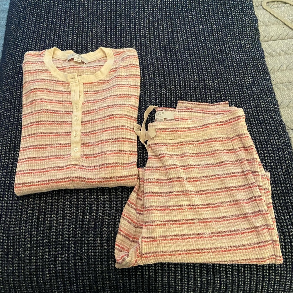 Loft Striped Pajama Set, Cream/Pink, Jogger Pant with Drawstring/Long Sleeve